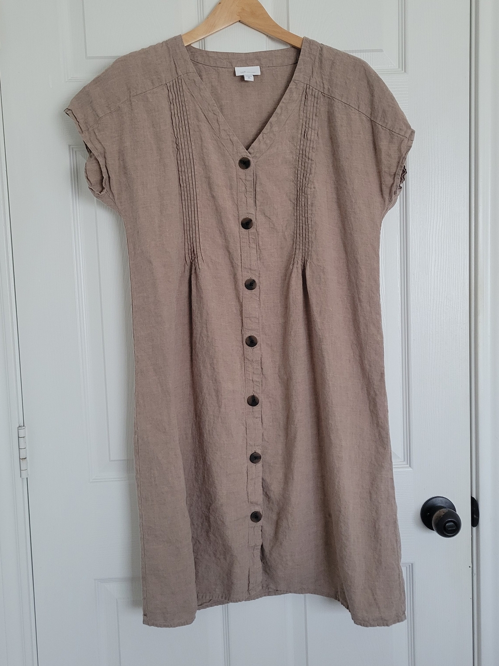 J. Jill Button-Front V-Neck 100% Linen Dress in Taupe TALL